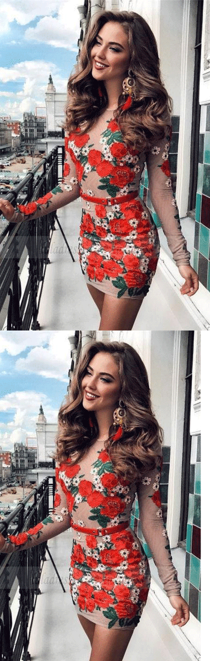 modest red long sleeves short prom dresses, unique bodycon short homecoming dresses with floral