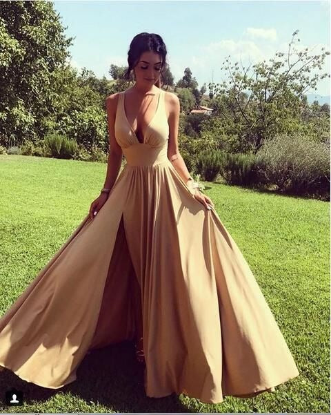 Backless Beach V-Neck Long Gold Bridesmaid Dresses Slit Side,BD930628