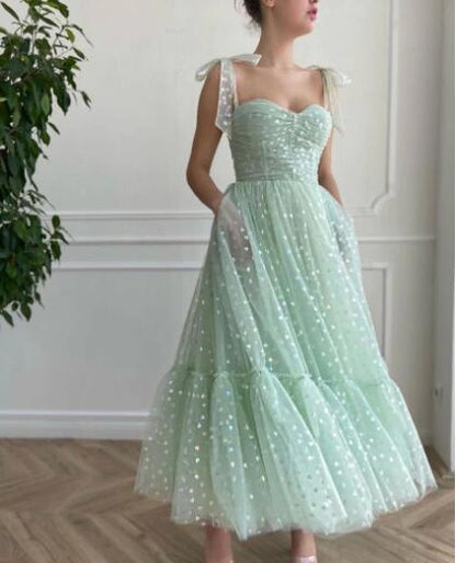 A Line Floor Length Spaghetti Strap Sweetheart Tulle Prom Dresses