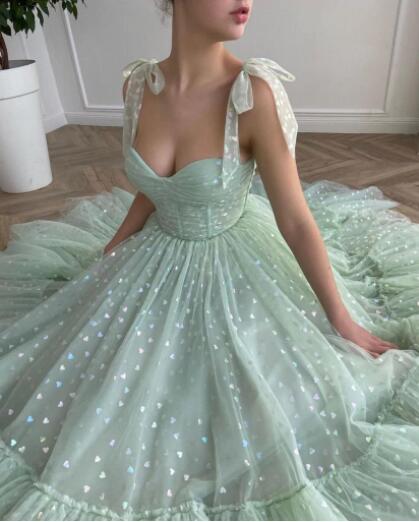 A Line Floor Length Spaghetti Strap Sweetheart Tulle Prom Dresses