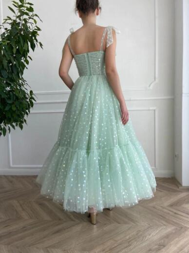 A Line Floor Length Spaghetti Strap Sweetheart Tulle Prom Dresses