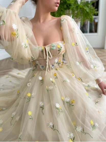 A Line Long Sleeves Floor Length Sweetheart Tulle Prom Dresses,Evening Dresses