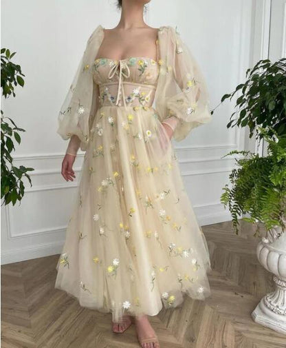 A Line Long Sleeves Floor Length Sweetheart Tulle Prom Dresses,Evening Dresses