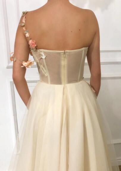 A Line One Shoulder Floor Length Sweetheart Tulle Applique Prom Dresses,Evening Dresses