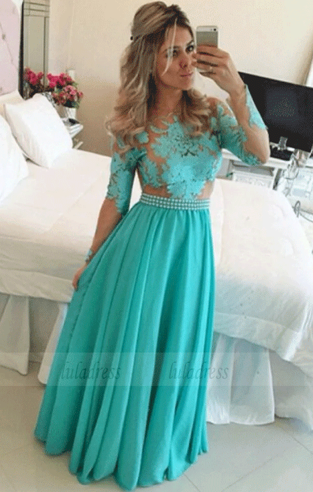 A-Line Long Beaded Chiffon Floor Length Prom Dresses