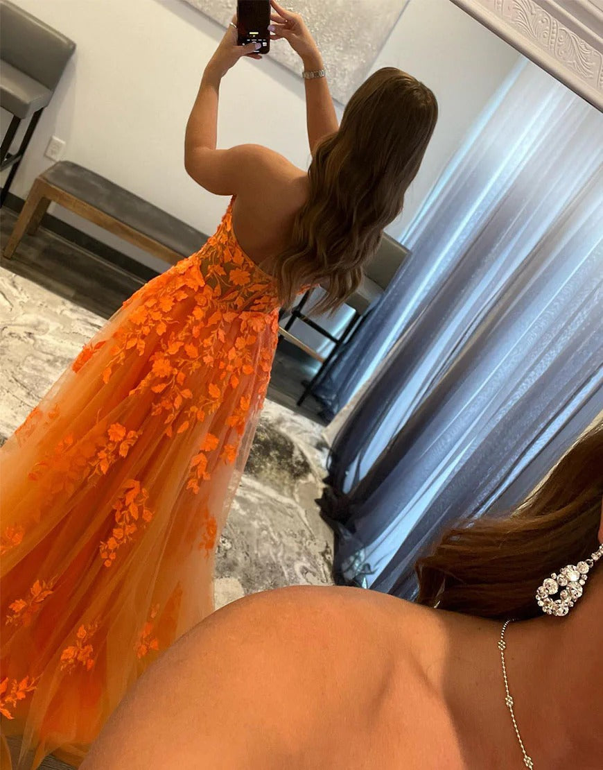 A Line  Long Orange Appliques Sweetheart Prom Dresses