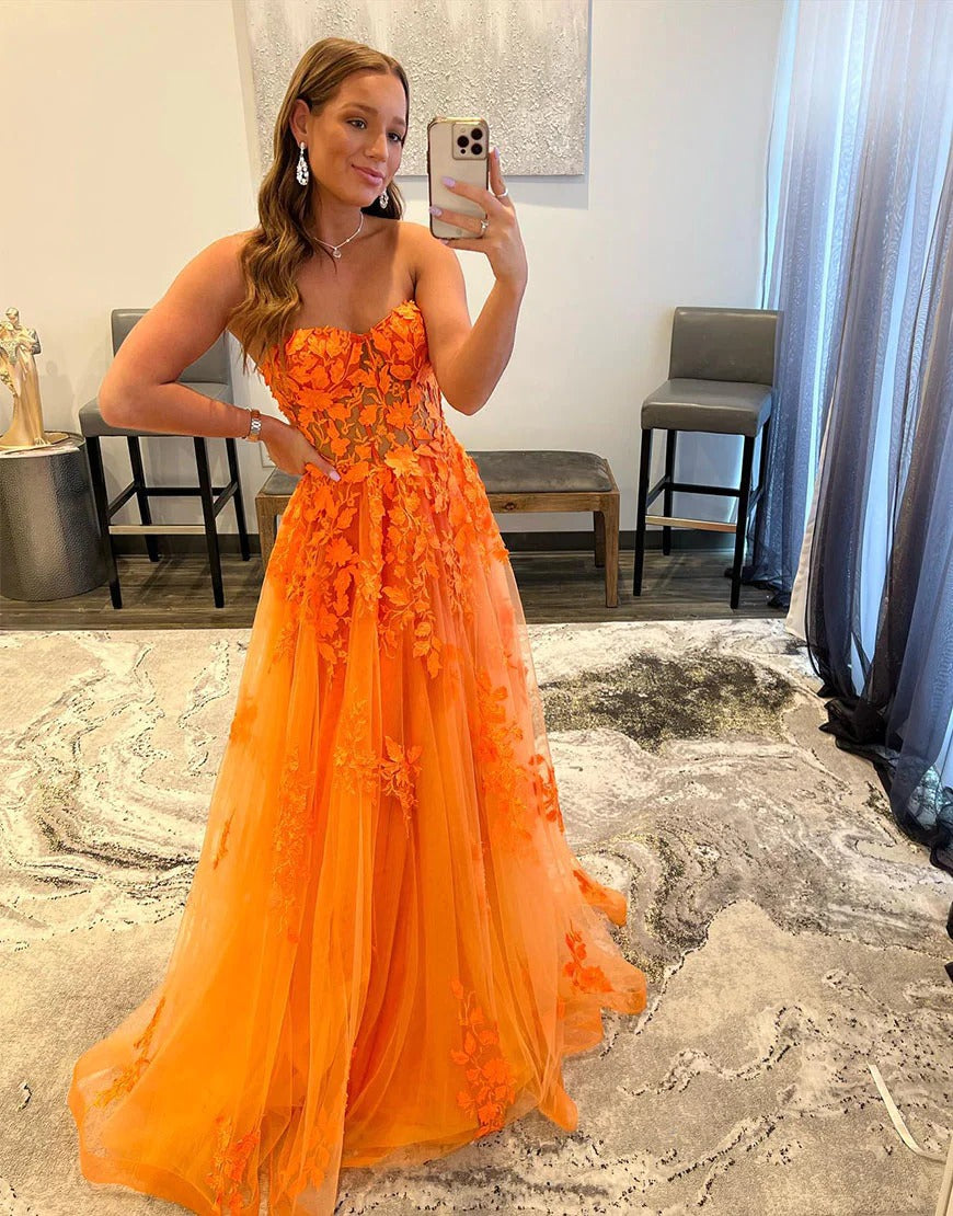 A Line  Long Orange Appliques Sweetheart Prom Dresses