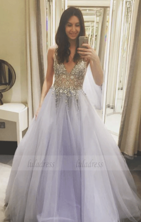 A Line V Neck Long Prom Dresses With Beading