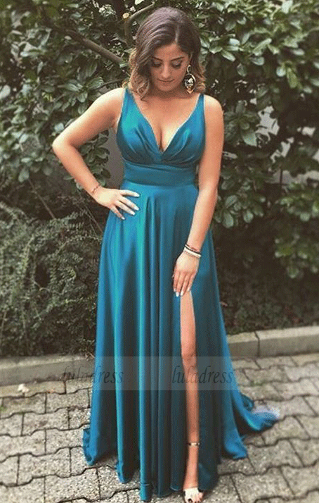 A-Line Spaghetti Straps Long Turquoise Prom Dress with Split