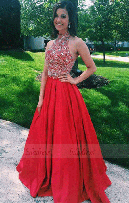 Charming A-Line Prom Dress,Halter Beading Prom Dress