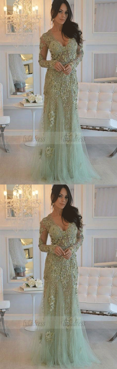 elegant mint prom party dresses with long sleeves, chic v-neck evening gowns with beaded long sleeves,BD98652