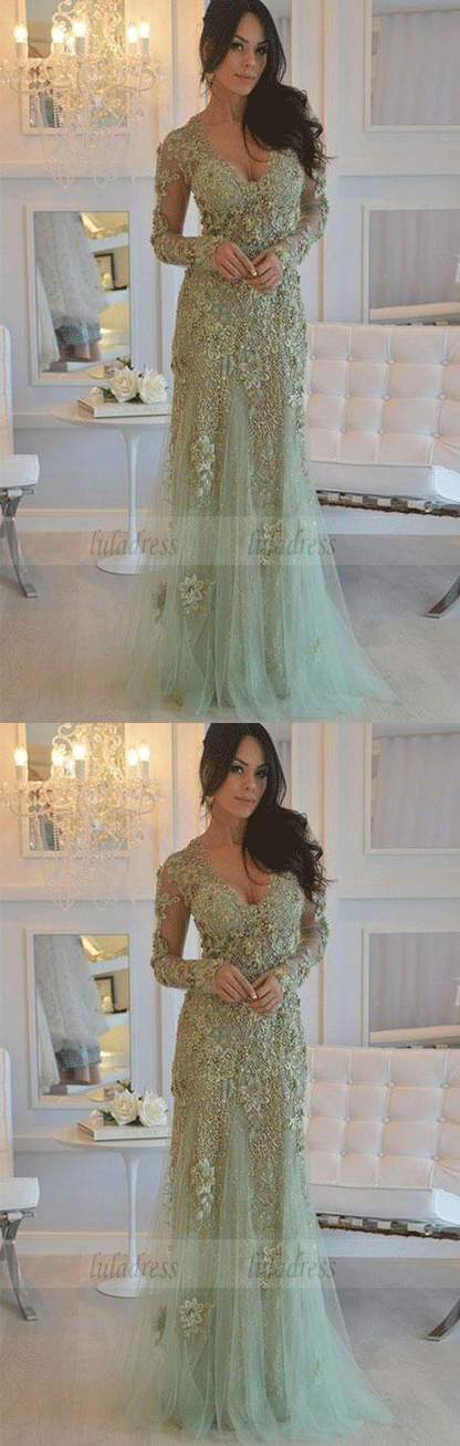 elegant mint prom party dresses with long sleeves, chic v-neck evening gowns with beaded long sleeves