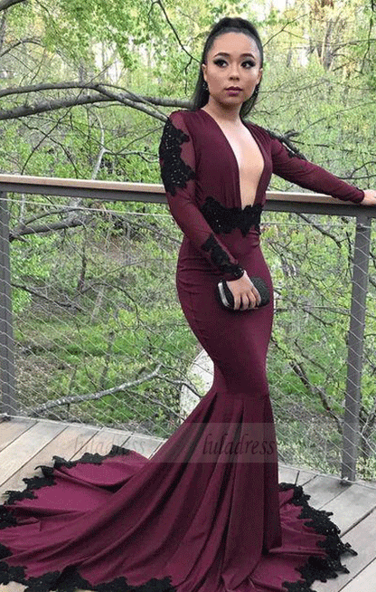 Mermaid Prom Dresses,Black Appliqued Long Sleeves Evening Dresses,BW97147