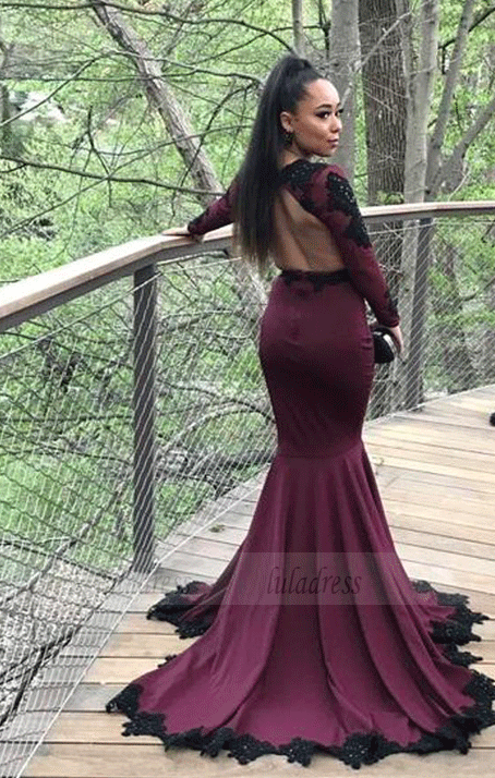 Mermaid Prom Dresses,Black Appliqued Long Sleeves Evening Dresses,BW97147