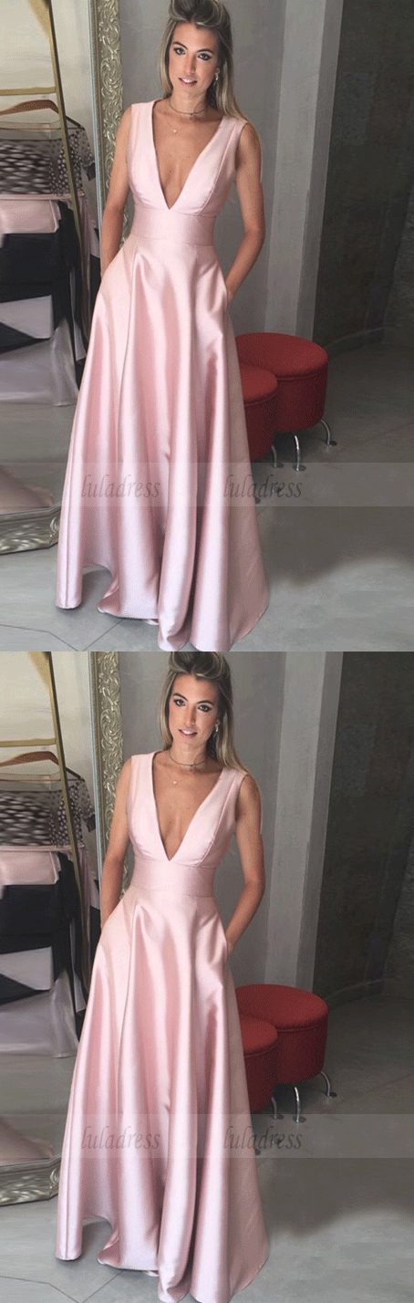 Deep V-Neck Floor-Length Pink Satin Prom Dress with Pockets