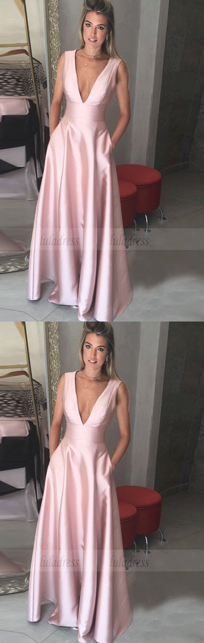 Deep V-Neck Floor-Length Pink Satin Prom Dress with Pockets