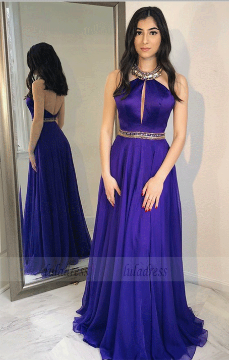 A-Line Halter Sweep Train Grape Chiffon Prom Dresses with Beading