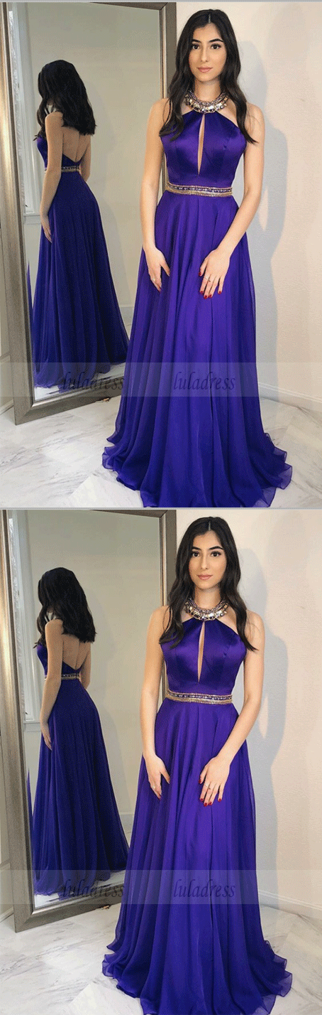 A-Line Halter Sweep Train Grape Chiffon Prom Dresses with Beading