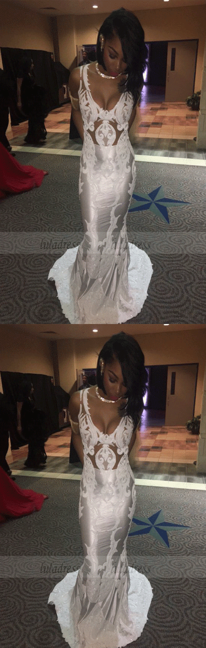 White Mermaid Prom Dresses Sleeveless Lace Evening Dresses,BW97222