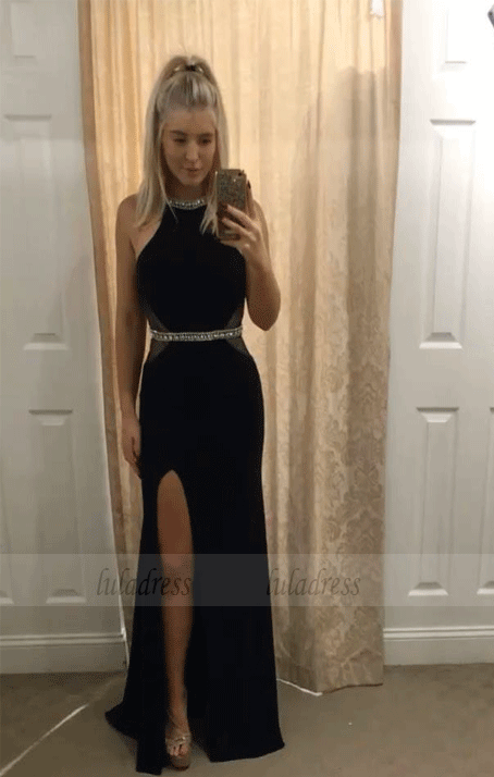 Black Halter Slit Cutout Prom Dresses Evening Dresses