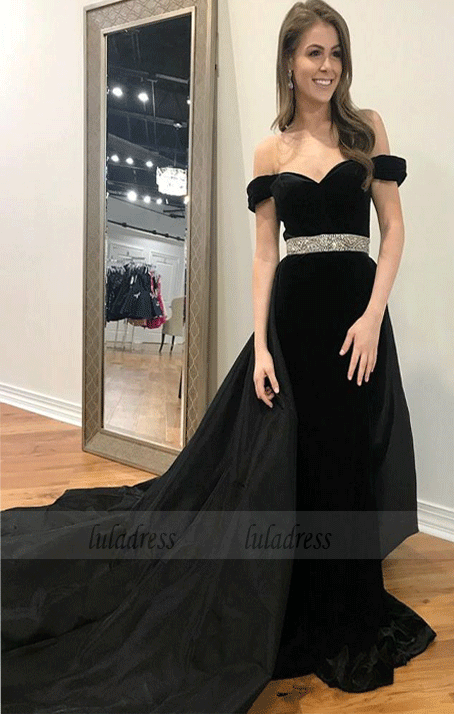 Off Shoulder Bead Waist Black Prom Dresses Evening Dresses