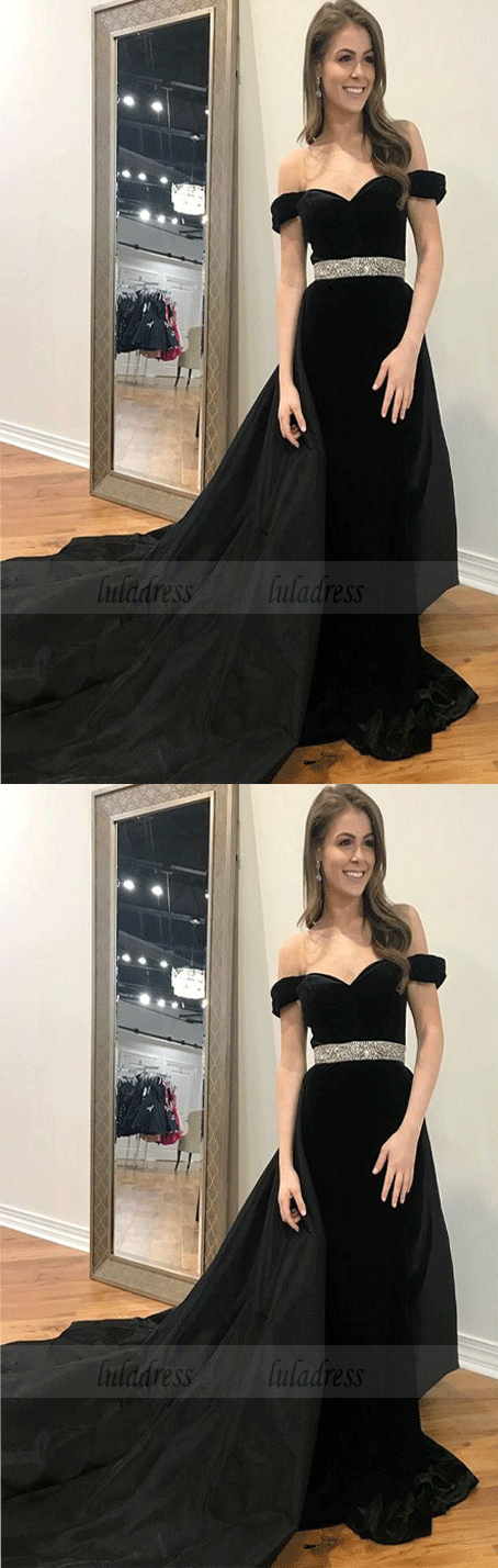 Off Shoulder Bead Waist Black Prom Dresses Evening Dresses