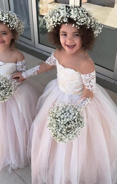 Princess Ball Gown Tulle Flower Girl Dresses with Long Sleeves