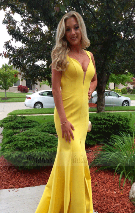 Mermaid Satin Yellow Prom Dresses Halter Neck Women Party Dresses