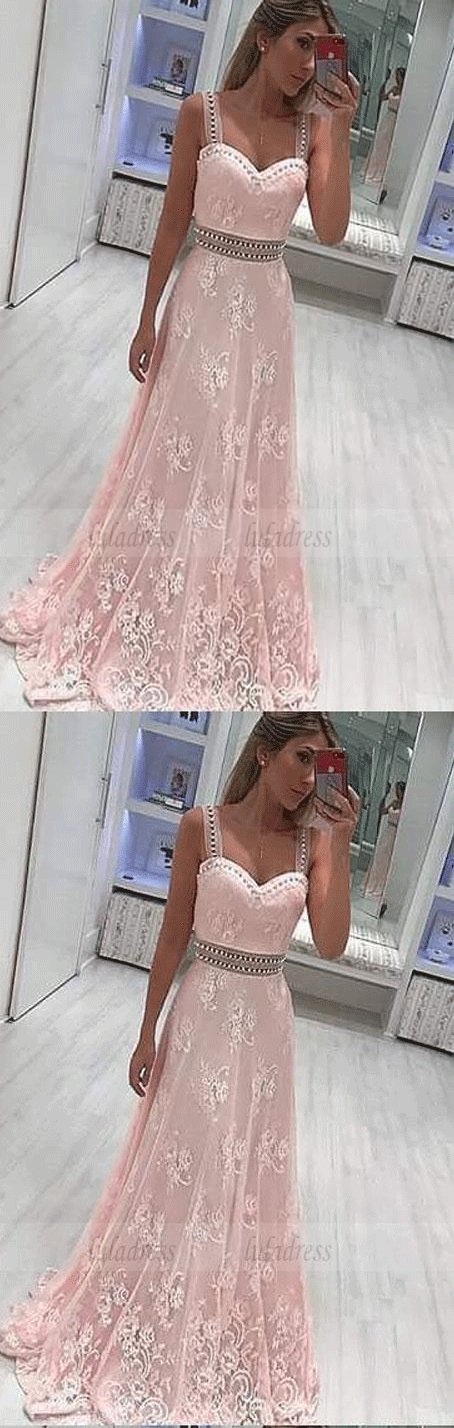 A-Line Scoop Sweep Train Pink Lace Prom Dress with Beading Appliques