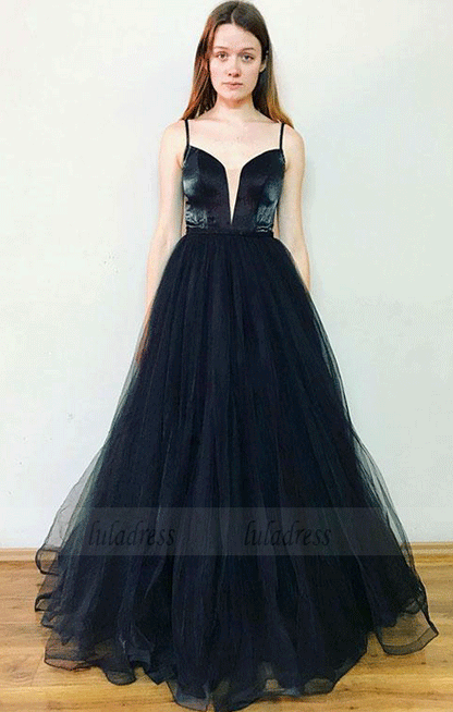 Spaghetti Strap V Neck Tulle Long Prom Dress