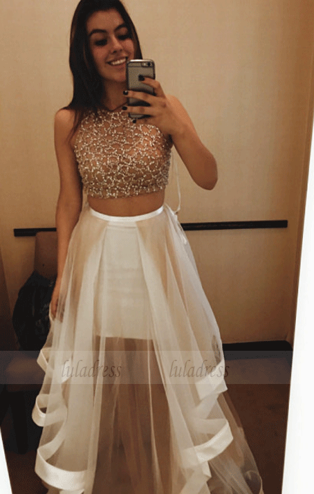 Beaded Prom Dress,Illusion Prom Dress,Two Pieces Prom Dresses