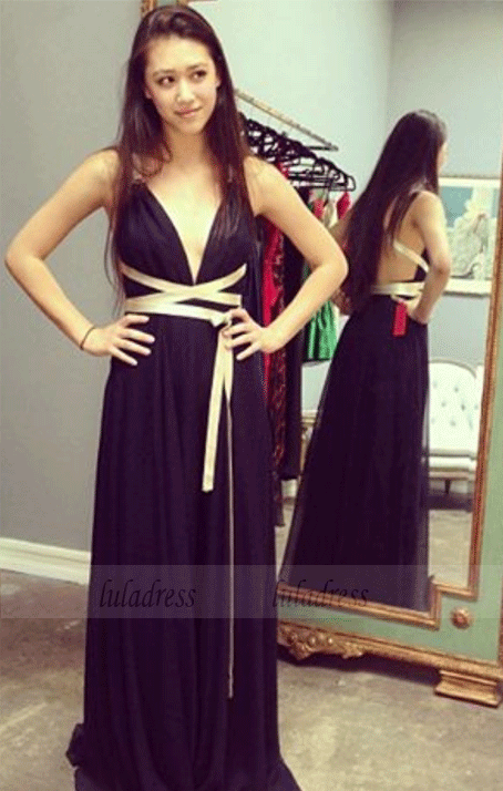 Long Backless Black Chiffon Prom Dress with Long Straps