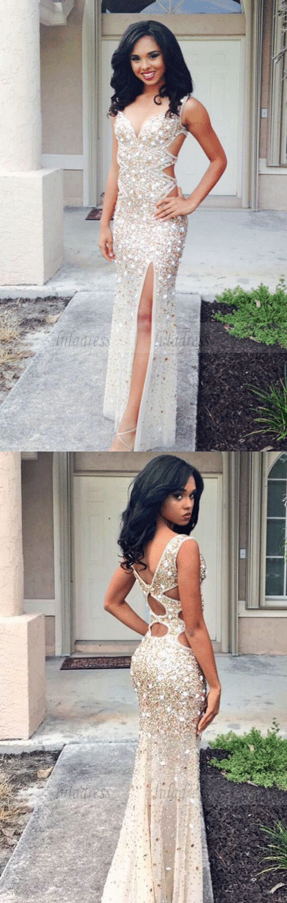 Beaded Prom Dress,Mermaid Prom Dress,Split Prom Dress