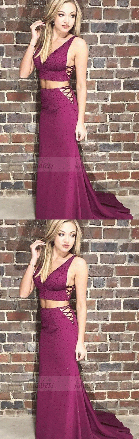 V-Neck Sweep Train Prom Dress,Grape Prom Dress with Beading