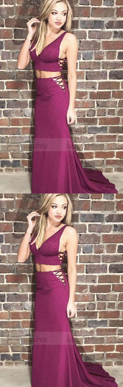 V-Neck Sweep Train Prom Dress,Grape Prom Dress with Beading