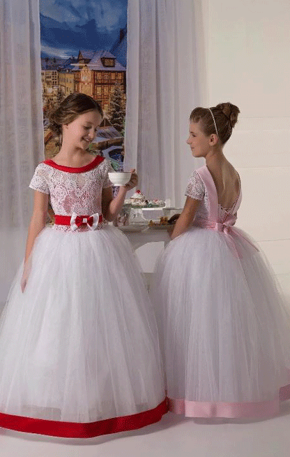 Long Ball Gown Flower Girl Short Sleeves Sashes Lace Dress