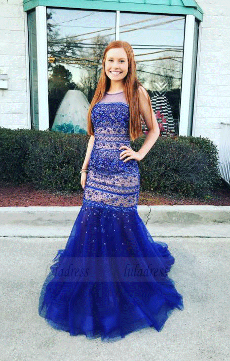 Beading Tulle Long Mermaid Prom Dresses