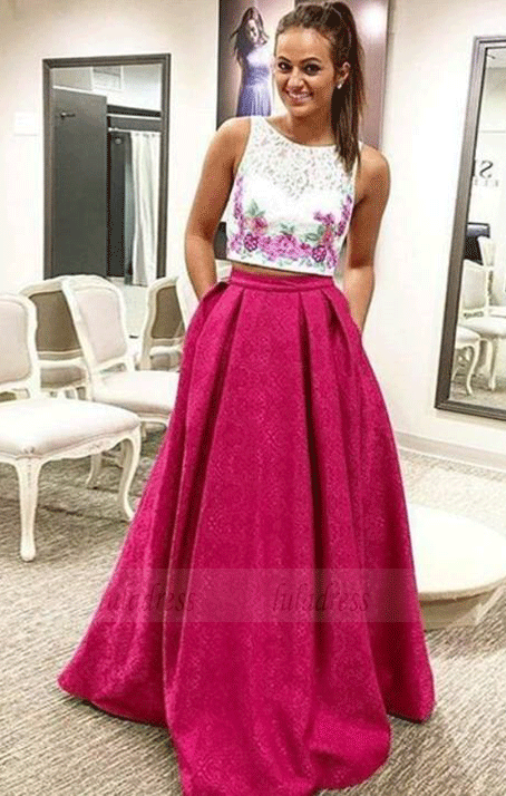 Two Piece Round Neck Pleated Red Satin Prom Dress with Lace Appliques