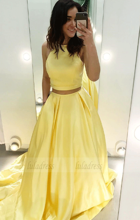 Two Piece Yellow Satin Formal Dress,Halter Long Prom Dresses