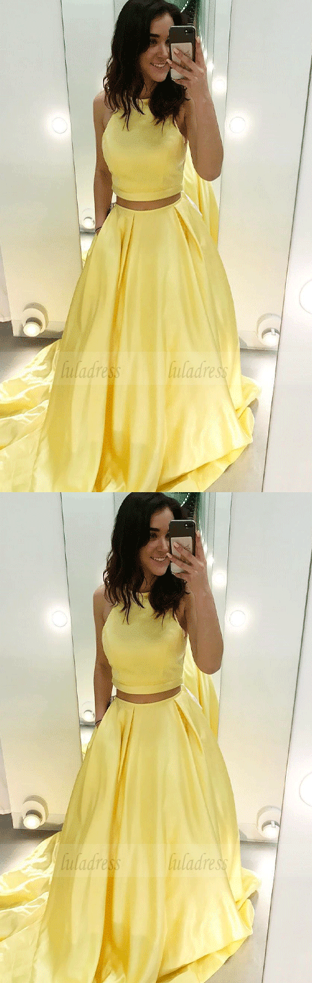 Two Piece Yellow Satin Formal Dress,Halter Long Prom Dresses