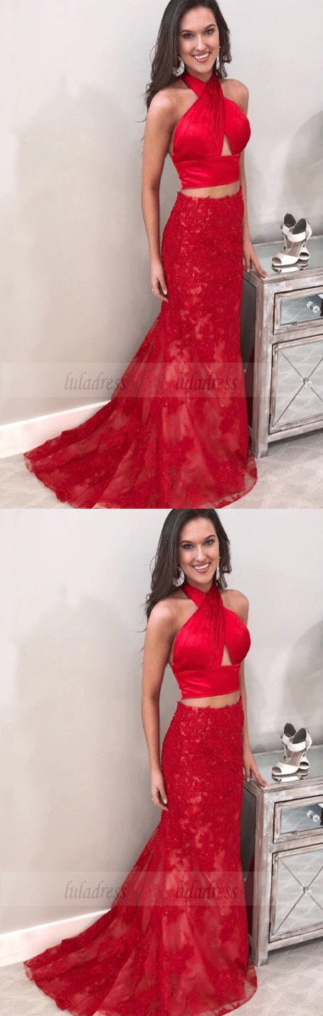 Two Piece Halter Backless Sweep Train Red Prom Dress with Beading