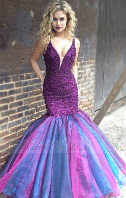 Beaded Purple Mermaid Evening Prom Dresses with Plunging V-neck