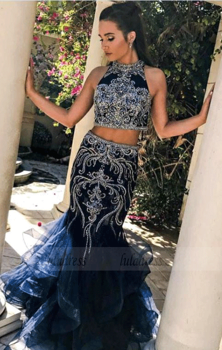 Lavish Rhinestones Two Piece Mermaid Prom Dresses with Tulle Skirt