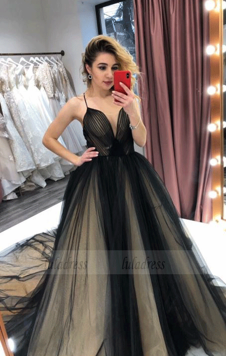 Spaghetti Strap Black V Neck Long Prom Dress