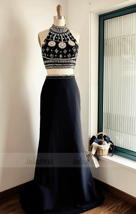 Two-Piece Halter Beaded Bodice Long Prom Dress