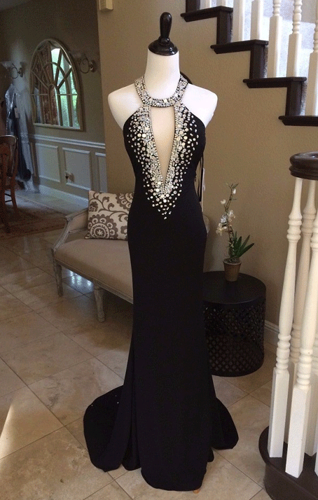 Open Back Long Black Jersey Beaded Prom Dress