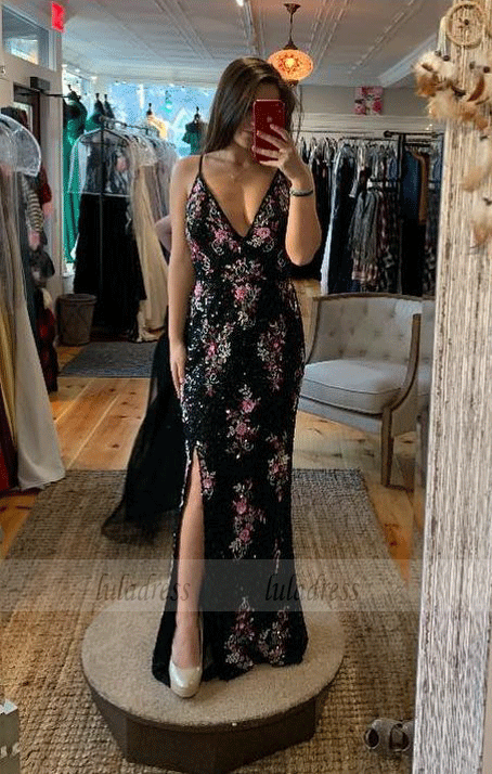 Spaghetti Strap Applique Prom Dress with Side Slit