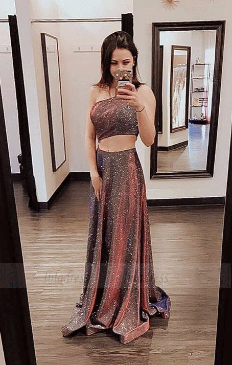 Two Piece One Shoulder Long Prom Dress