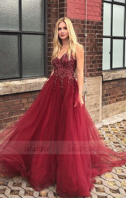 Burgundy v neck tulle long prom dress,burgundy evening dress