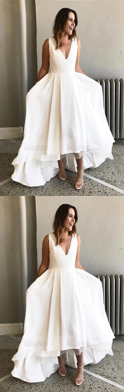 A-Line V-Neck Sleeveless White High Low Prom Dress,BW97179